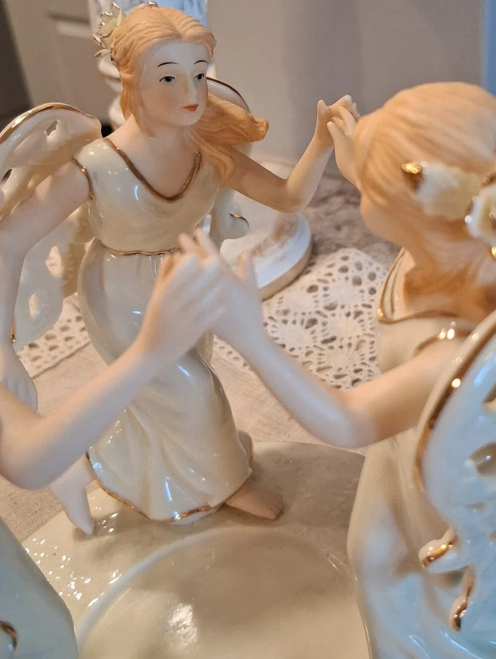 Vintage Dillards Three Dancing Angels Pillar Christmas Candle Holder Porcelain